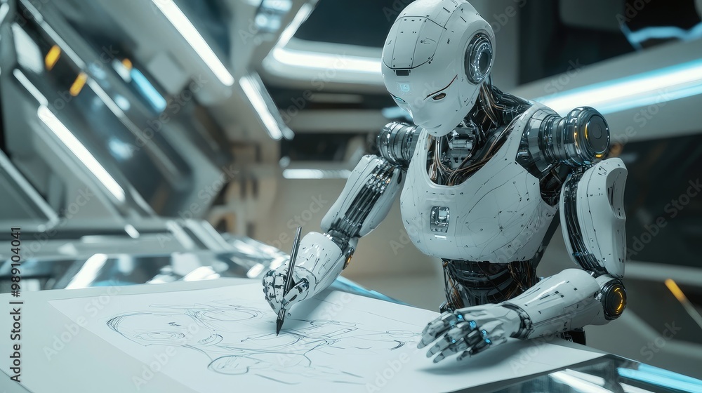 Poster humanoid ai robot using advanced robotic arms to create a drawing on paper in a futuristic workspace