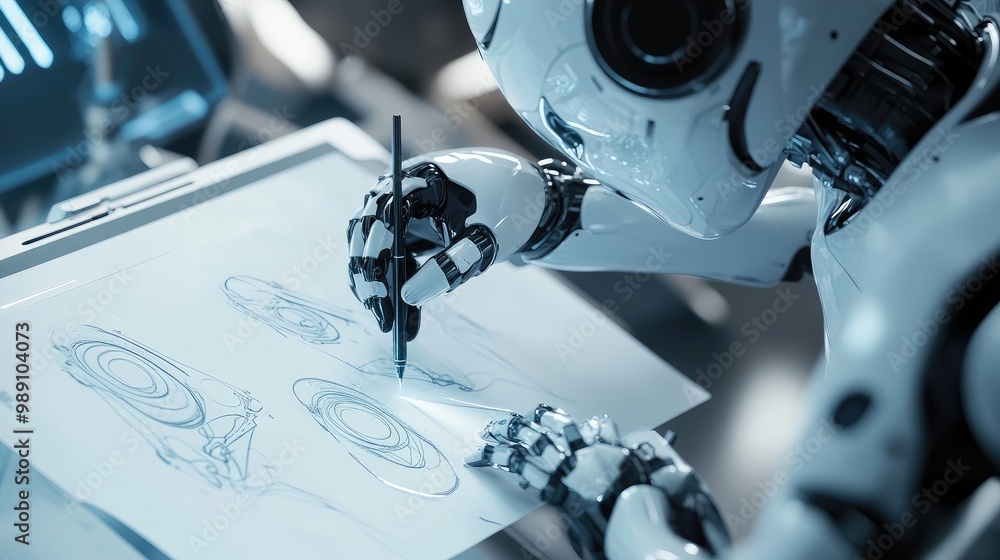 Poster humanoid ai robot using advanced robotic arms to create a drawing on paper in a futuristic workspace