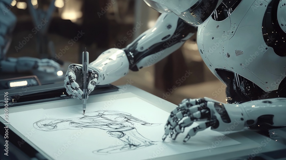 Poster humanoid ai robot using advanced robotic arms to create a drawing on paper in a futuristic workspace