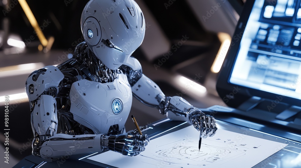 Poster humanoid ai robot using advanced robotic arms to create a drawing on paper in a futuristic workspace
