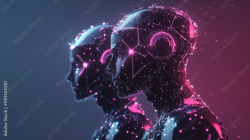 Poster humanoid ai robots visualizing data networks, transfer protocols, and neural ai brain integration, c