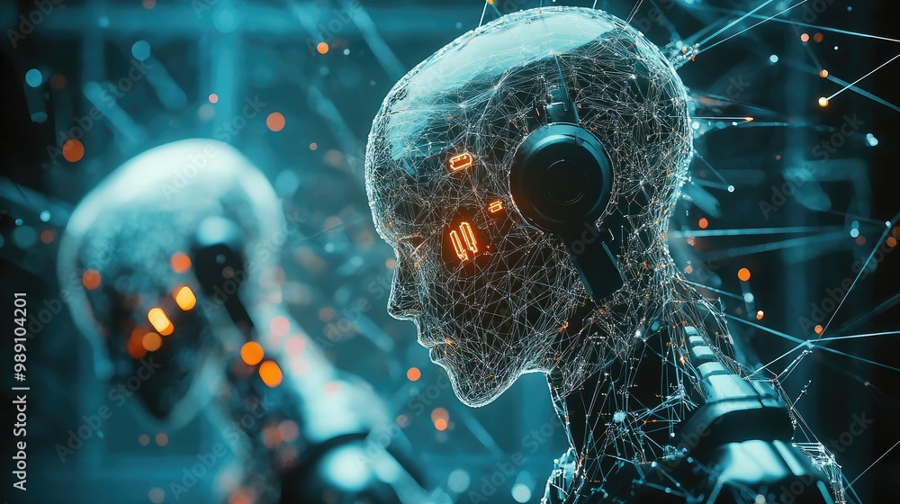 Poster humanoid ai robots visualizing data networks, transfer protocols, and neural ai brain integration, c