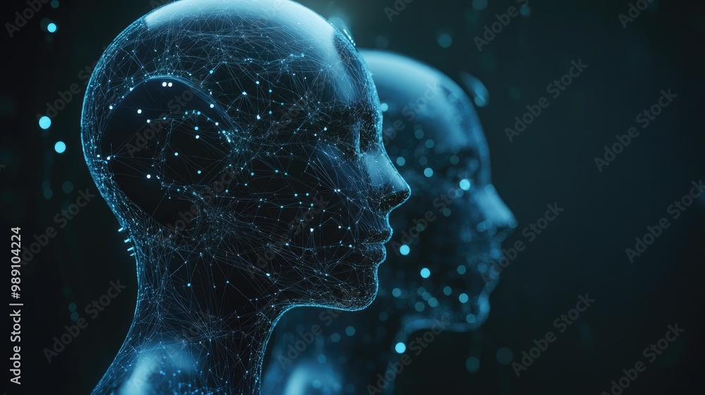Poster humanoid ai robots visualizing data networks, transfer protocols, and neural ai brain integration, c