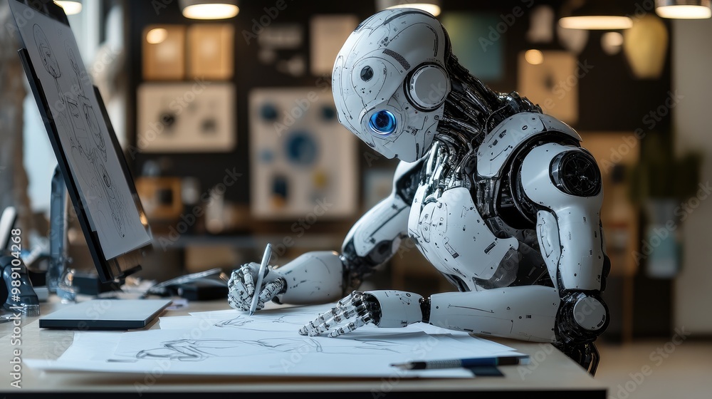 Poster humanoid artist robot creating detailed sketches on paper, using precise ai technology in a modern w