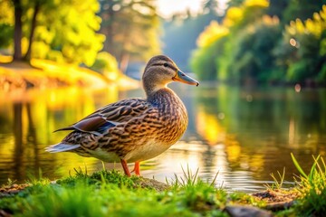 Fototapeta premium Adorable wild duck waddles along a serene lake shore, feathers glistening in warm sunlight, with lush greenery and calm water reflections surrounding it.