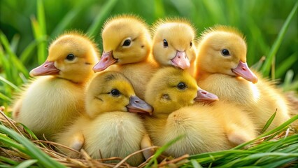 Adorable yellow ducklings snuggle together in a fluffy heap, their tiny beaks and webbed feet poking out amidst soft, downy feathers and delicate green grass.