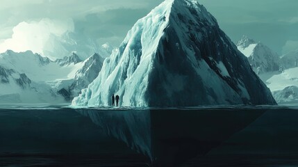 Iceberg art concept with a small, visible peak and a vast underwater section representing hidden risks, in modern AI design. No human figures.