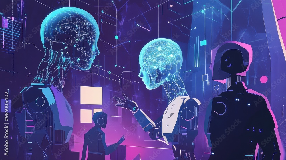 Poster illustration of ai robots integrating human interaction with big data systems, transfer protocols, a