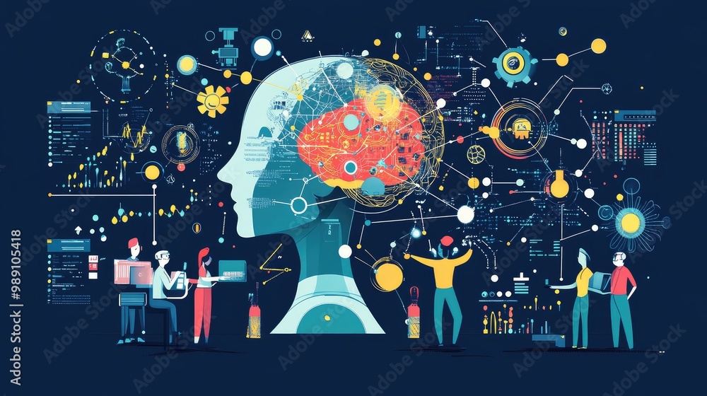 Poster illustration of ai robots integrating human interaction with big data systems, transfer protocols, a