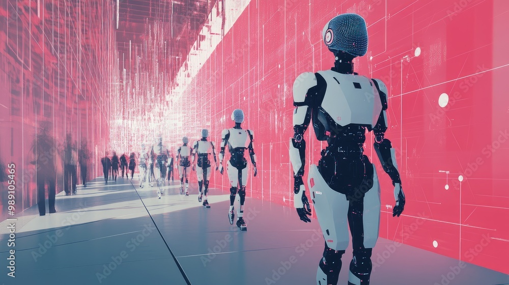 Poster illustration of ai robots integrating human interaction with big data systems, transfer protocols, a
