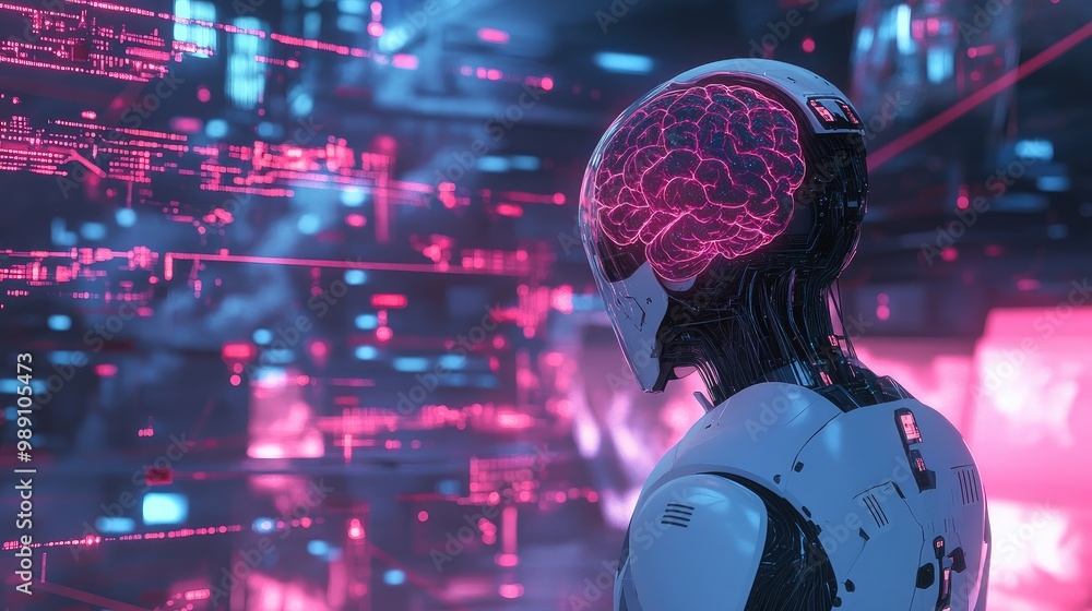 Poster illustration of ai robots interacting with software networks and big data transfer systems through a