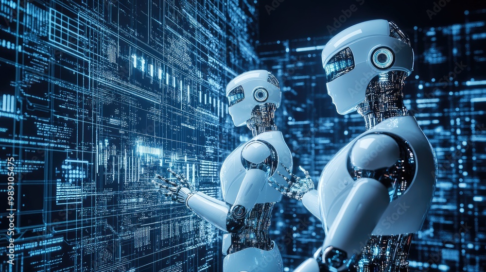 Poster illustration of ai robots integrating human interaction with big data systems, transfer protocols, a