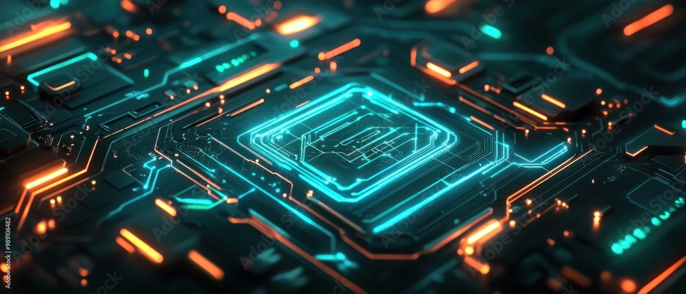 Poster a close-up view of a futuristic circuit board with glowing elements.