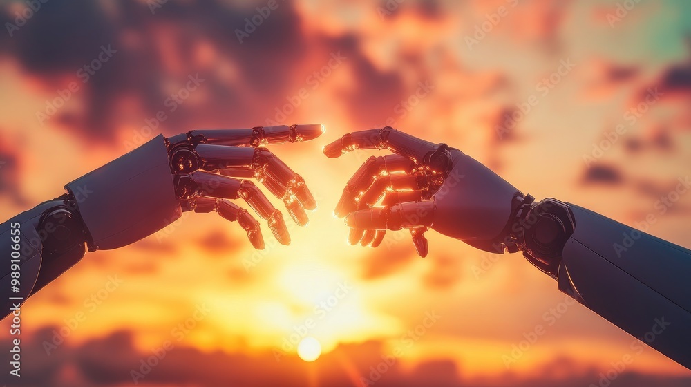 Poster robot and human hands extending towards each other in front of a vibrant sunset, symbolizing unity a