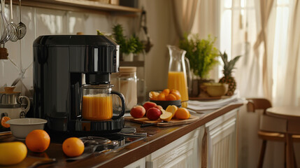 A cozy kitchen scene featuring a blender, fresh fruits, and a pitcher of orange juice, creating a warm and inviting atmosphere for meal preparation.