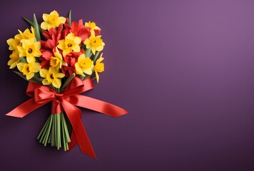 Daffodil Bouquet with Red Ribbon on Purple