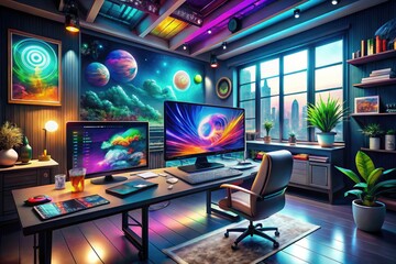 A futuristic digital art studio with a large computer screen displaying a surreal, abstract image, surrounded by creative tools and colorful inspirational blurbs.