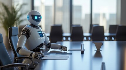 Robot sitting at a conference table with a human, discussing business data in a modern, high-tech environment. No logos, business concept.