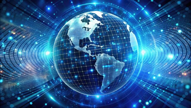 A futuristic globe encased in a latticework of shimmering blue binary code, symbolizing the intersection of technology and global connectivity in a modern digital age.
