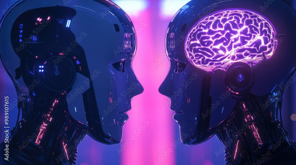 Poster robots demonstrating ai-driven brain technology and human interaction through data transfer systems 
