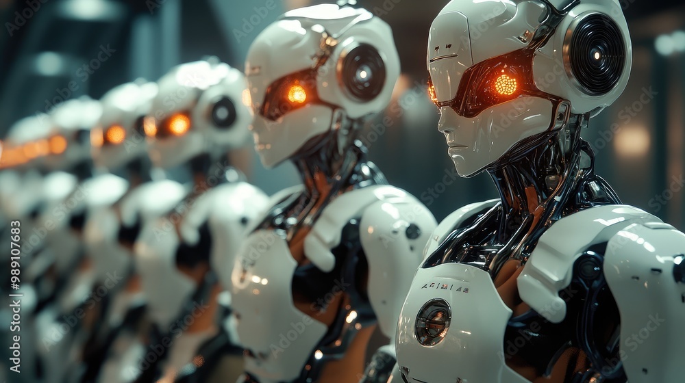 Poster robots demonstrating ai-driven brain technology and human interaction through data transfer systems 