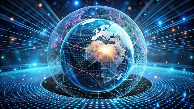 A futuristic, intricate 3D globe surrounded by swirling lines of binary code, symbolizing the intersection of technology and global connectivity in a digital age.
