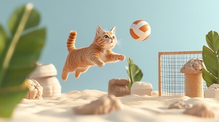 A playful cat jumps to catch a volleyball in a sandy environment with tropical leaves in the background, capturing the essence of fun and energy.