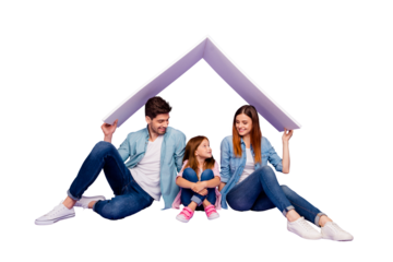 Family portrait of three members sitting floor under new roof wear casual clothes isolated purple background