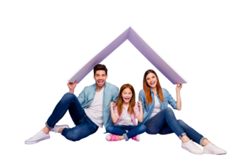 Portrait of three family members sitting floor under new roof wear casual clothes isolated purple background