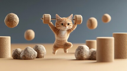 Fototapeta premium A playful orange cat lifting weights surrounded by playful objects, showcasing a humorous take on fitness with a curious and energetic expression.