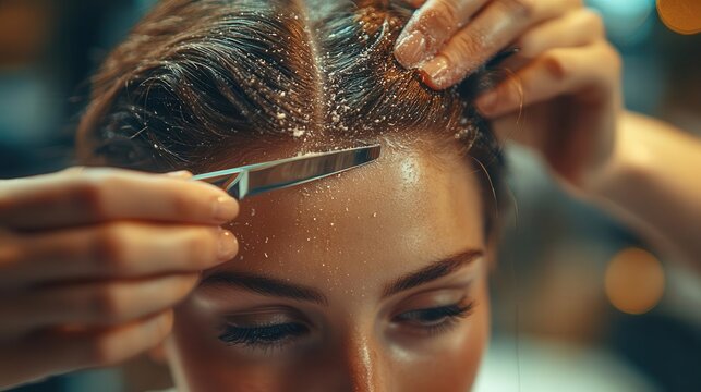 hairdressers hands delicately trimming clients hair soft focus on scissors warm salon lighting creating inviting atmosphere