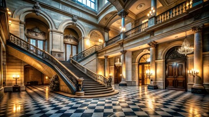 Fototapeta premium A grand, dimly lit museum entrance hall with a sweeping staircase and high ceilings stands vacant, its polished marble floors reflecting the faint light.