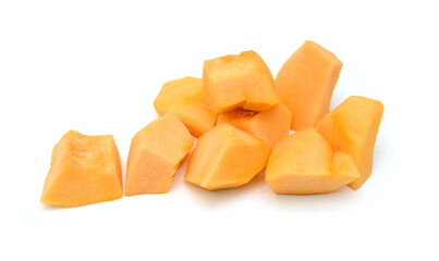 Butternut squash and slices on white background
