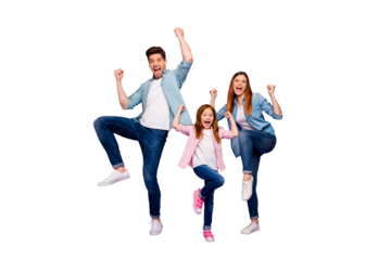 Full length photo of rejoicing dad mom and little foxy lady cool win wear casual clothes isolated purple background