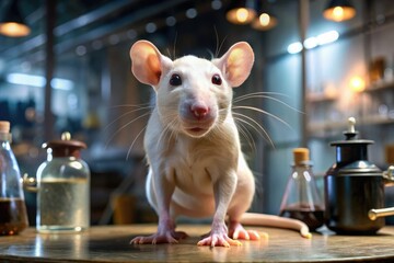 A hairless albino rat stands upright on haunches, whiskers twitching, beady eyes alert, amidst a dimly lit, cluttered laboratory backdrop with various medical equipment nearby.