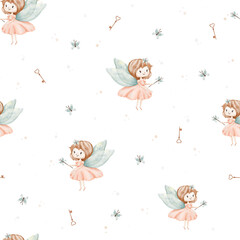 Watercolor illustrations of fairies, spring fairy, flower fairy, children's art, watercolor, seamless patterns, background, crown, magic wand, butterfly