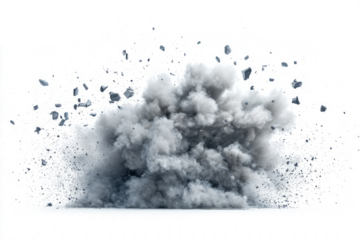 A dramatic cloud of smoke and debris bursting forth, creating an abstract pattern on a white canvas.