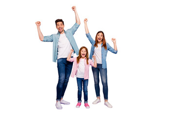 Full size photo of rejoicing dad mom and little foxy lady wear casual clothes isolated purple background