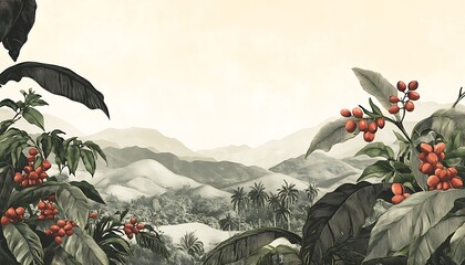 Coffee Beans and Mountain Landscape