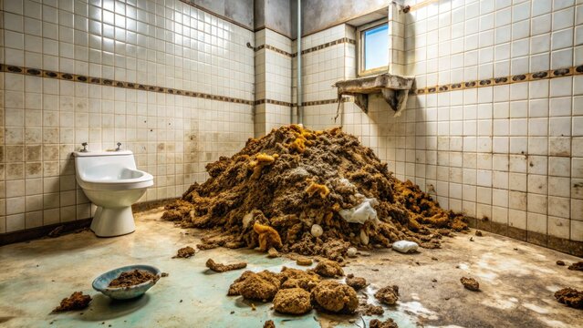 A heaping mound of brown feces with scattered toilet paper beside it, surrounded by a dirty, worn-out bathroom floor with faded tiles and rusty grate.