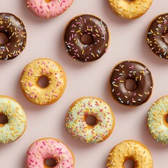 A row of donuts with sprinkles on top. The donuts are of different colors and sizes. Generative AI