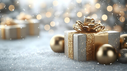 Sparkling Gift Box with Gold Bow and Ornaments in Winter Wonderland