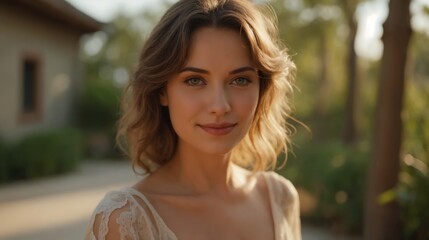 Portrait of a young woman in clothes and hairstyle typical of the fashion of the 1960s-1970s, against the backdrop of a country house surrounded by greenery