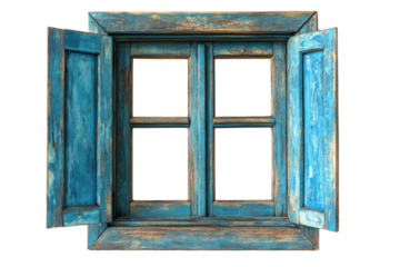 Vintage blue wooden window with open shutters on white isolated background. transparent background