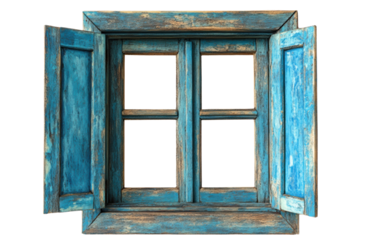 Vintage blue wooden window with open shutters on white isolated background. transparent background