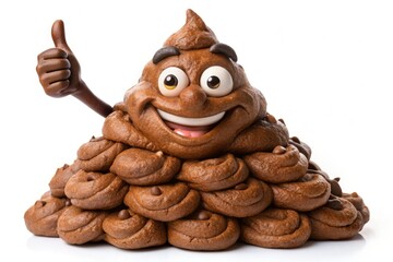 A humorous close-up of a cartoon-style pile of brown feces with a smile and a thumbs up, isolated on a white background.