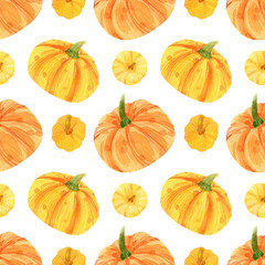 Watercolor pumpkins background. Seamless pattern with yellow and orange pumpkin background for halloween and autumn textile, fabric texture, wallpapers, decor