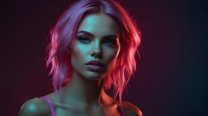 Fototapeta premium ashion Concept. Closeup portrait of girl in colourful pastel shiny glitter iridescent glitter glow. illuminated with dynamic composition neon light