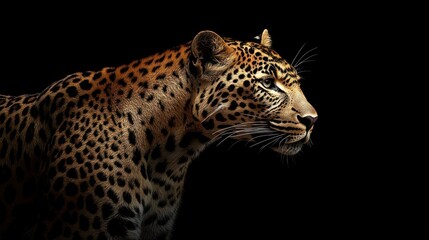 Fototapeta premium A close-up profile of a leopard against a dark background, showcasing its striking features.