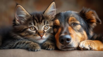 heartwarming portrait of unlikely animal friendship adorable kitten and mixedbreed dog cuddling together set against warm brown studio background emphasizing emotional connection